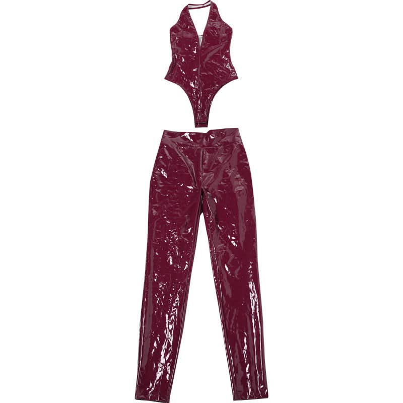 Unleash Your Inner Vixen: Sleek Burgundy Faux Leather Halter Jumpsuit for Fall & Halloween Glam