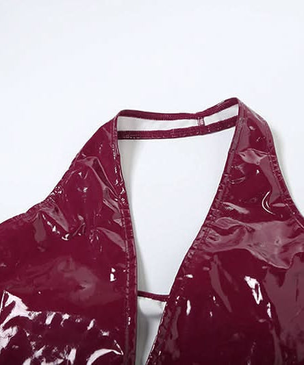 Unleash Your Inner Vixen: Sleek Burgundy Faux Leather Halter Jumpsuit for Fall & Halloween Glam