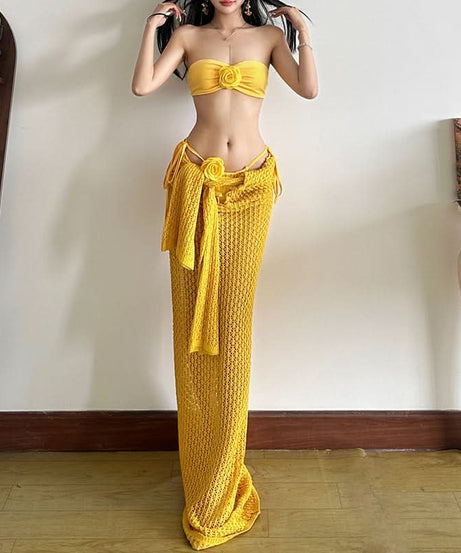 Boho Chic Crochet Knit Two-Piece Set: Strapless Bandeau Top & Maxi Skirt with Floral Appliques – Your Ultimate Resort & Beach Vacation Style
