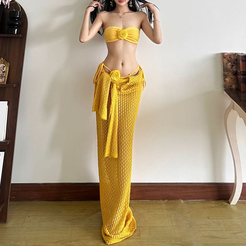 Boho Chic Crochet Knit Two-Piece Set: Strapless Bandeau Top & Maxi Skirt with Floral Appliques – Your Ultimate Resort & Beach Vacation Style