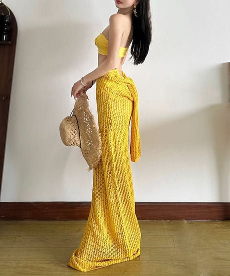 Boho Chic Crochet Knit Two-Piece Set: Strapless Bandeau Top & Maxi Skirt with Floral Appliques – Your Ultimate Resort & Beach Vacation Style