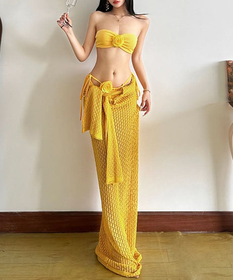 Boho Chic Crochet Knit Two-Piece Set: Strapless Bandeau Top & Maxi Skirt with Floral Appliques – Your Ultimate Resort & Beach Vacation Style