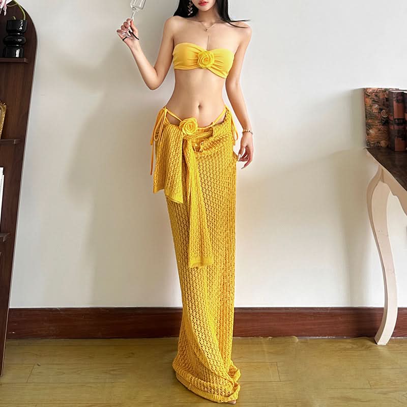 Boho Chic Crochet Knit Two-Piece Set: Strapless Bandeau Top & Maxi Skirt with Floral Appliques – Your Ultimate Resort & Beach Vacation Style