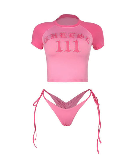 Blessed Babe Pink Rhinestone Crop Top & Tie-Side Bikini Set – Y2K Fall Fashion Trend