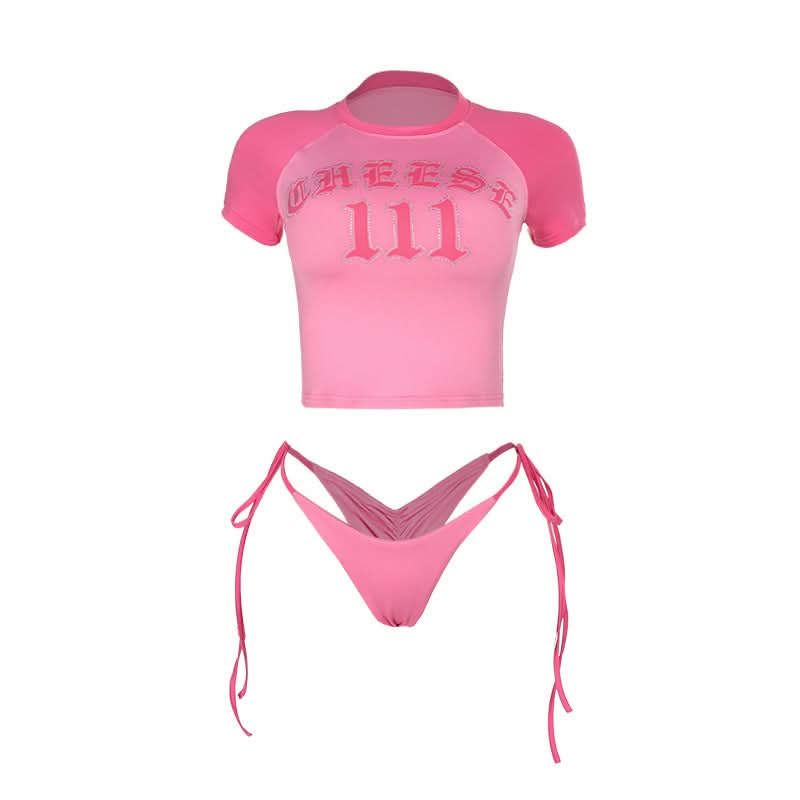 Blessed Babe Pink Rhinestone Crop Top & Tie-Side Bikini Set – Y2K Fall Fashion Trend