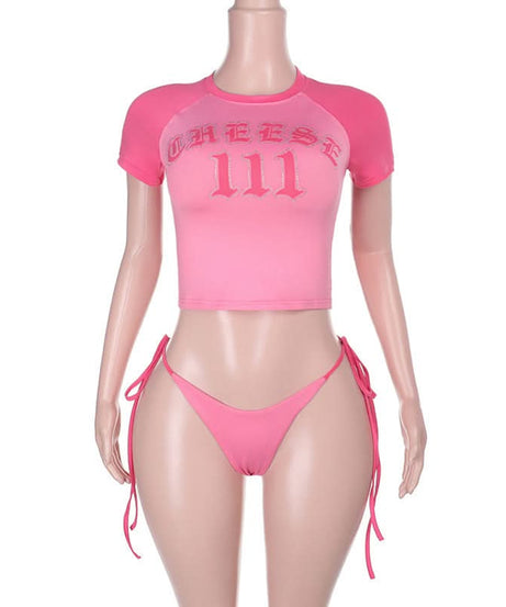 Blessed Babe Pink Rhinestone Crop Top & Tie-Side Bikini Set – Y2K Fall Fashion Trend