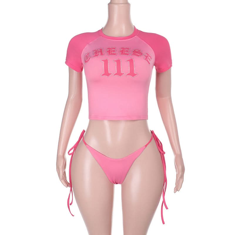 Blessed Babe Pink Rhinestone Crop Top & Tie-Side Bikini Set – Y2K Fall Fashion Trend