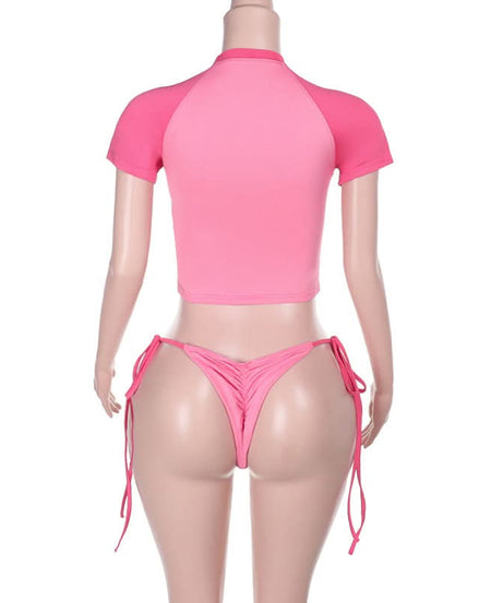 Blessed Babe Pink Rhinestone Crop Top & Tie-Side Bikini Set – Y2K Fall Fashion Trend