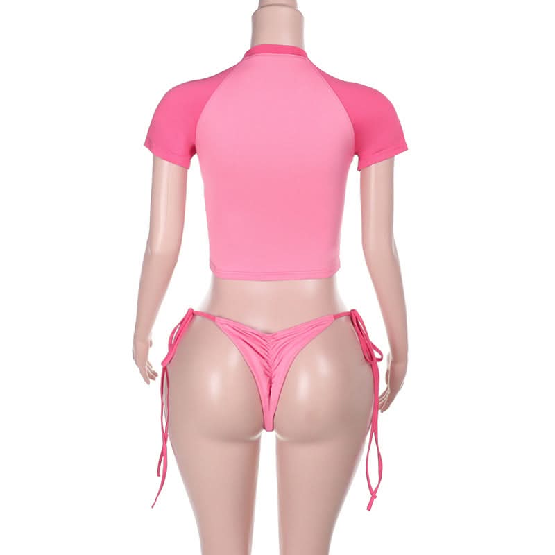 Blessed Babe Pink Rhinestone Crop Top & Tie-Side Bikini Set – Y2K Fall Fashion Trend