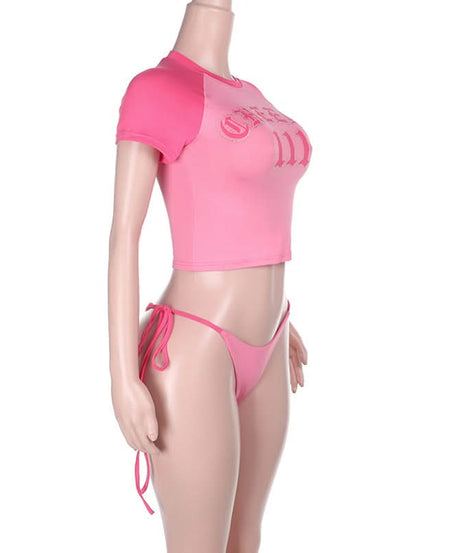 Blessed Babe Pink Rhinestone Crop Top & Tie-Side Bikini Set – Y2K Fall Fashion Trend