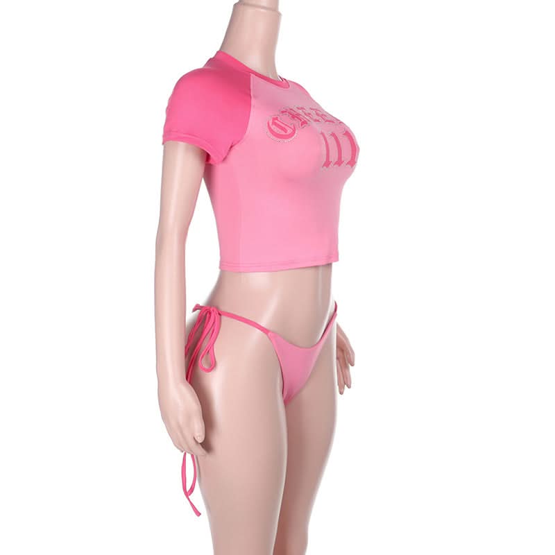 Blessed Babe Pink Rhinestone Crop Top & Tie-Side Bikini Set – Y2K Fall Fashion Trend