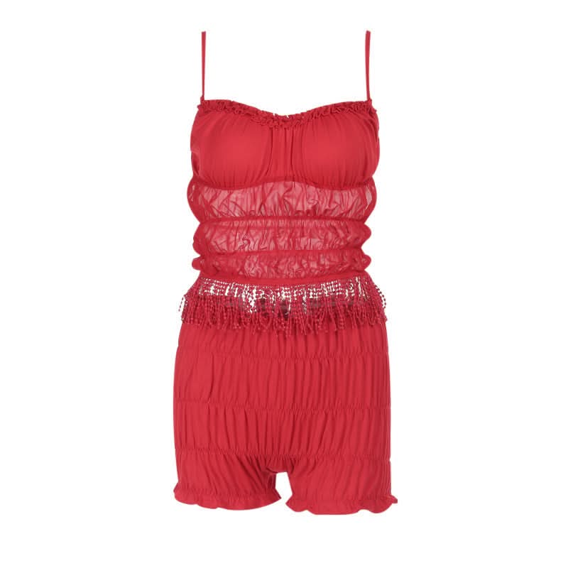 Spicy Red Tassel Mesh Cami Shorts Set - Your Flirty Fall Getaway & Cozy Holiday Loungewear