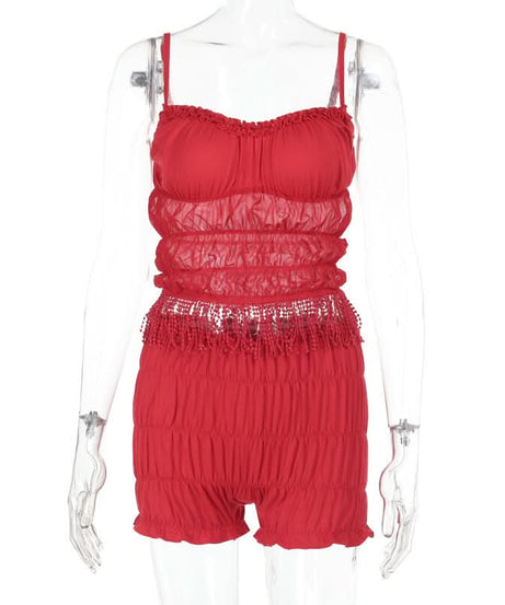 Spicy Red Tassel Mesh Cami Shorts Set - Your Flirty Fall Getaway & Cozy Holiday Loungewear
