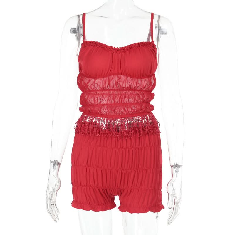 Spicy Red Tassel Mesh Cami Shorts Set - Your Flirty Fall Getaway & Cozy Holiday Loungewear