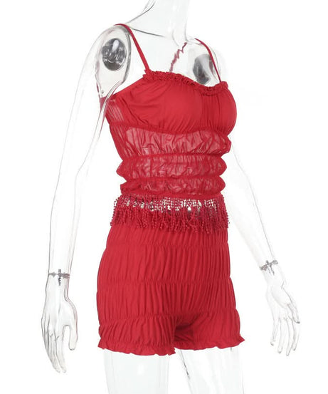 Spicy Red Tassel Mesh Cami Shorts Set - Your Flirty Fall Getaway & Cozy Holiday Loungewear