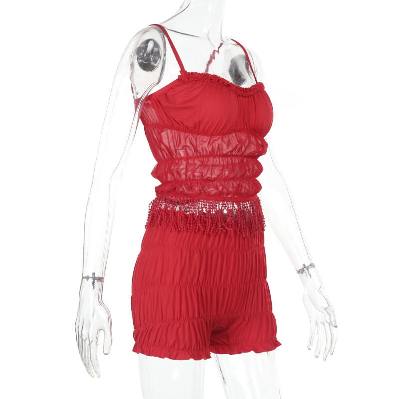 Spicy Red Tassel Mesh Cami Shorts Set - Your Flirty Fall Getaway & Cozy Holiday Loungewear