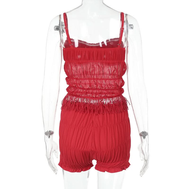 Spicy Red Tassel Mesh Cami Shorts Set - Your Flirty Fall Getaway & Cozy Holiday Loungewear