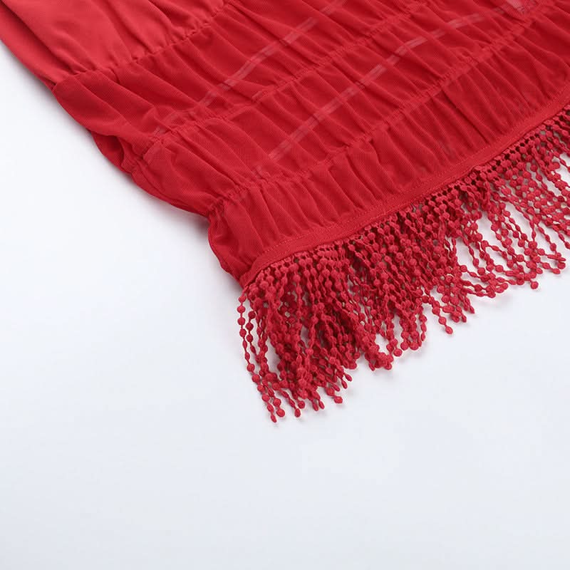 Spicy Red Tassel Mesh Cami Shorts Set - Your Flirty Fall Getaway & Cozy Holiday Loungewear