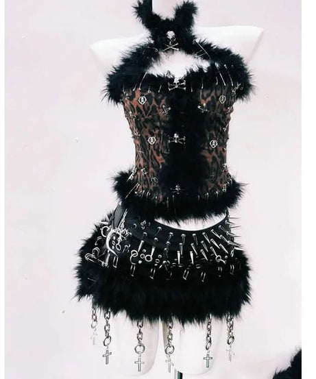 Unleashed Wild Child: Spiked Leopard Faux Fur Halter Top & Chain Skirt Set - Halloween & Rave Ready