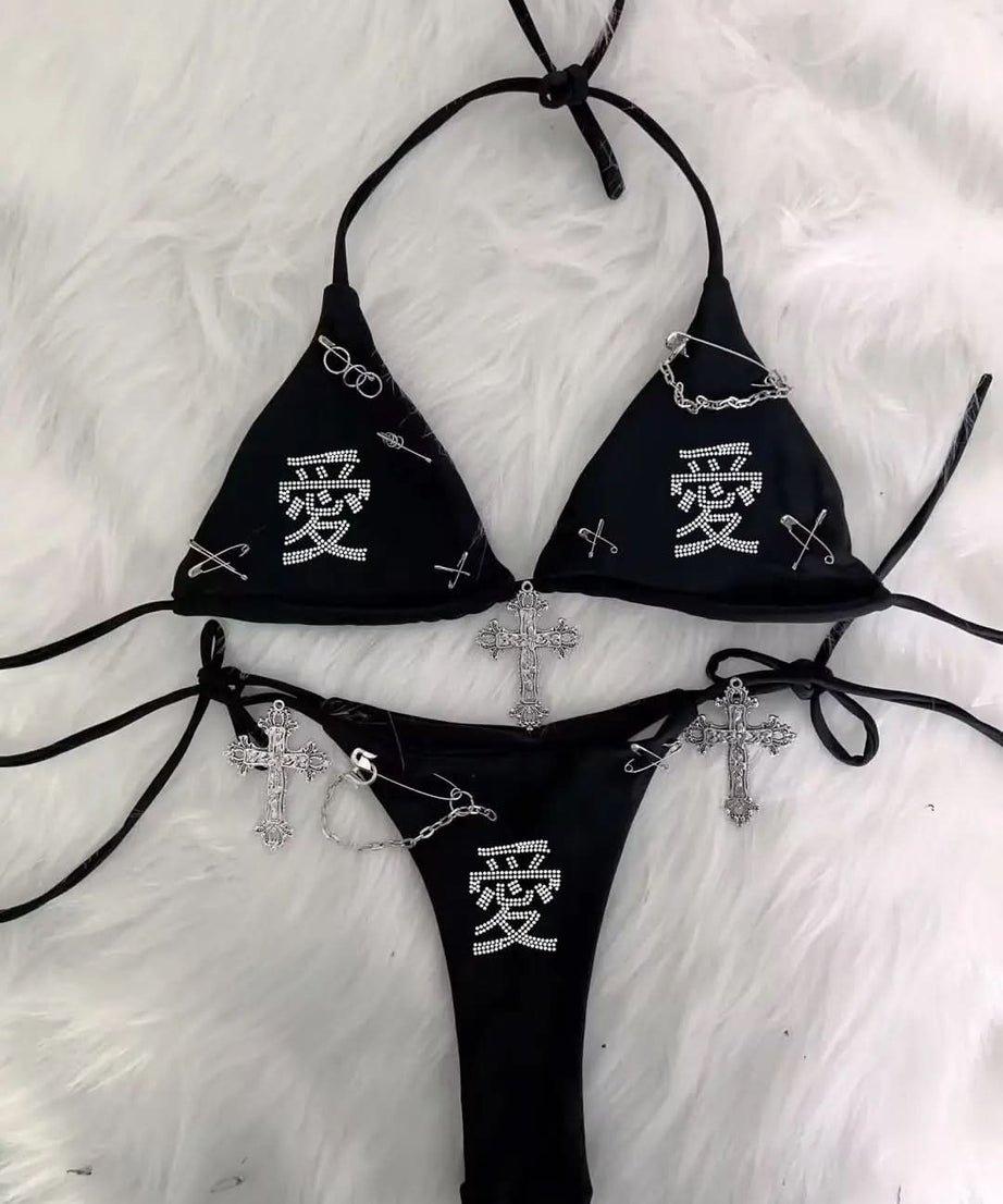 Edgy Y2K Bratz Rhinestone & Cross Charm Halter Bikini Set – Alt Swimwear for Winter Escapes & Festival Vibes