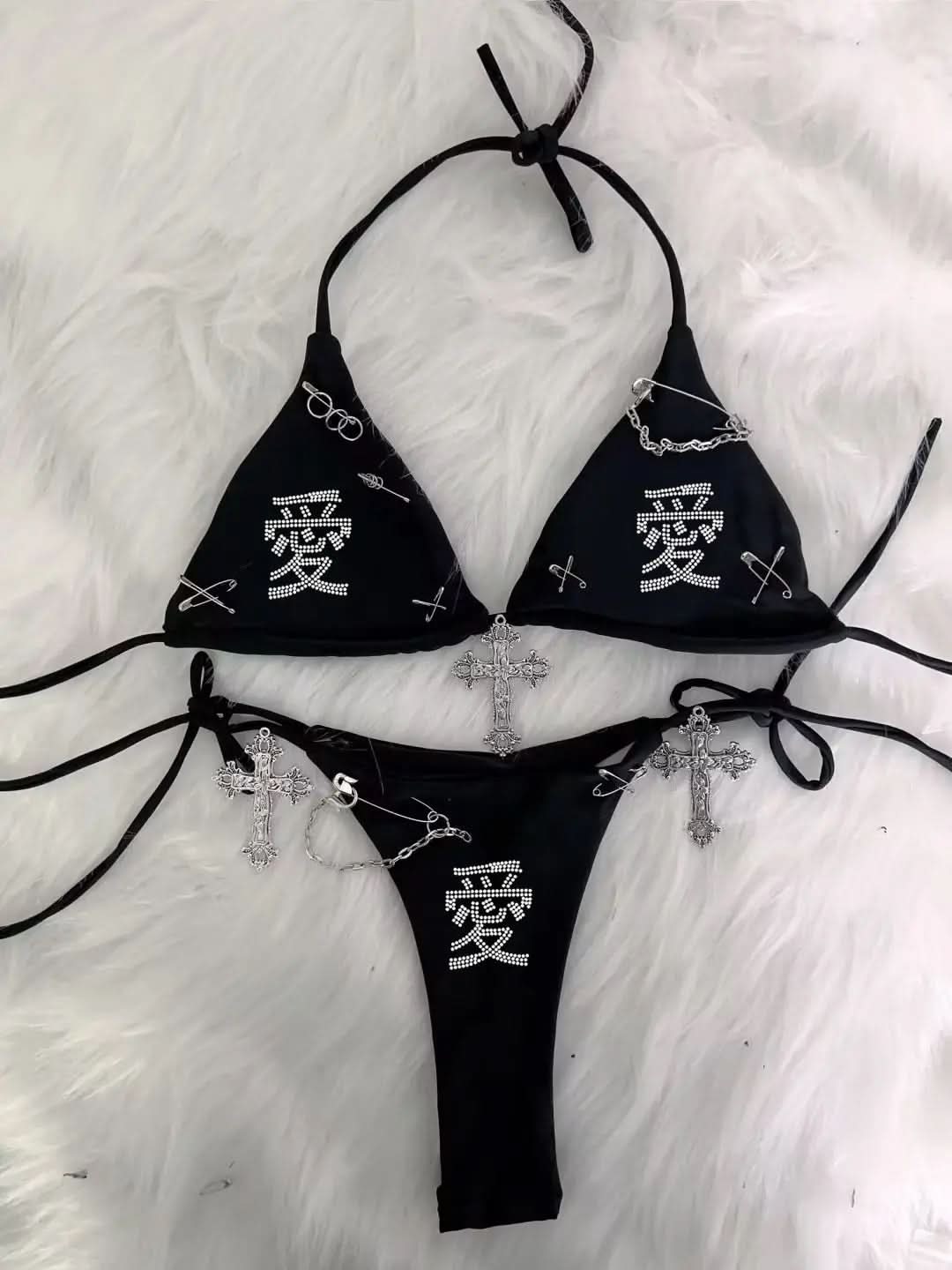 Edgy Y2K Bratz Rhinestone & Cross Charm Halter Bikini Set – Alt Swimwear for Winter Escapes & Festival Vibes
