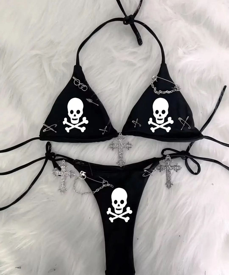 Edgy Y2K Bratz Rhinestone & Cross Charm Halter Bikini Set – Alt Swimwear for Winter Escapes & Festival Vibes
