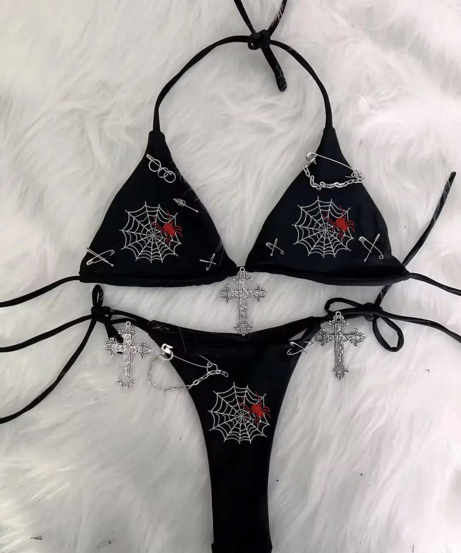 Edgy Y2K Bratz Rhinestone & Cross Charm Halter Bikini Set – Alt Swimwear for Winter Escapes & Festival Vibes