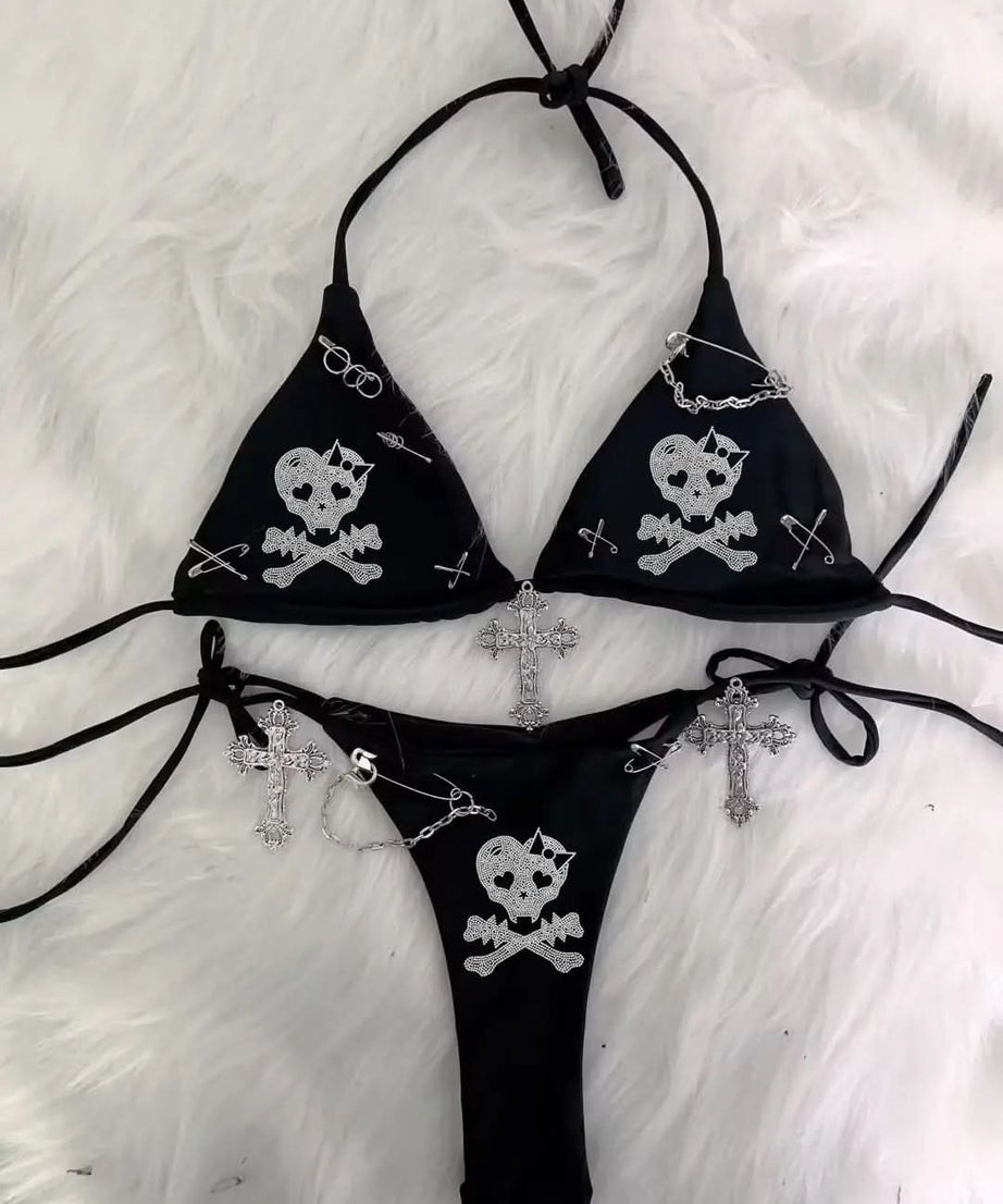 Edgy Y2K Bratz Rhinestone & Cross Charm Halter Bikini Set – Alt Swimwear for Winter Escapes & Festival Vibes
