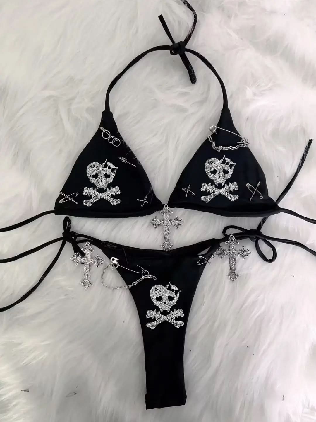 Edgy Y2K Bratz Rhinestone & Cross Charm Halter Bikini Set – Alt Swimwear for Winter Escapes & Festival Vibes