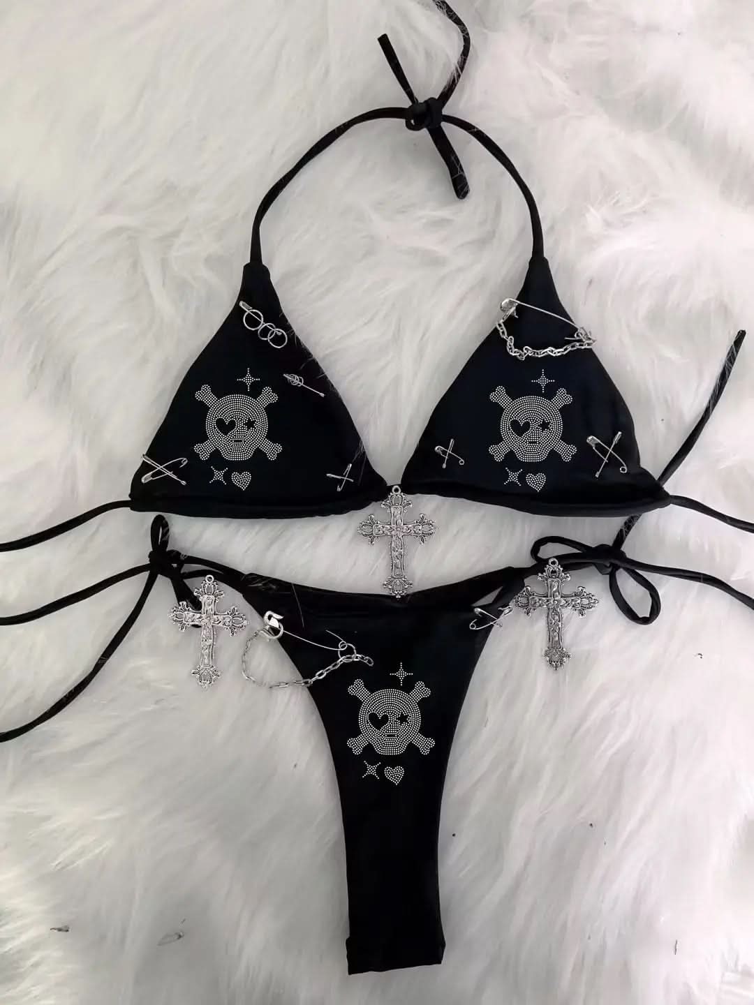 Edgy Y2K Bratz Rhinestone & Cross Charm Halter Bikini Set – Alt Swimwear for Winter Escapes & Festival Vibes