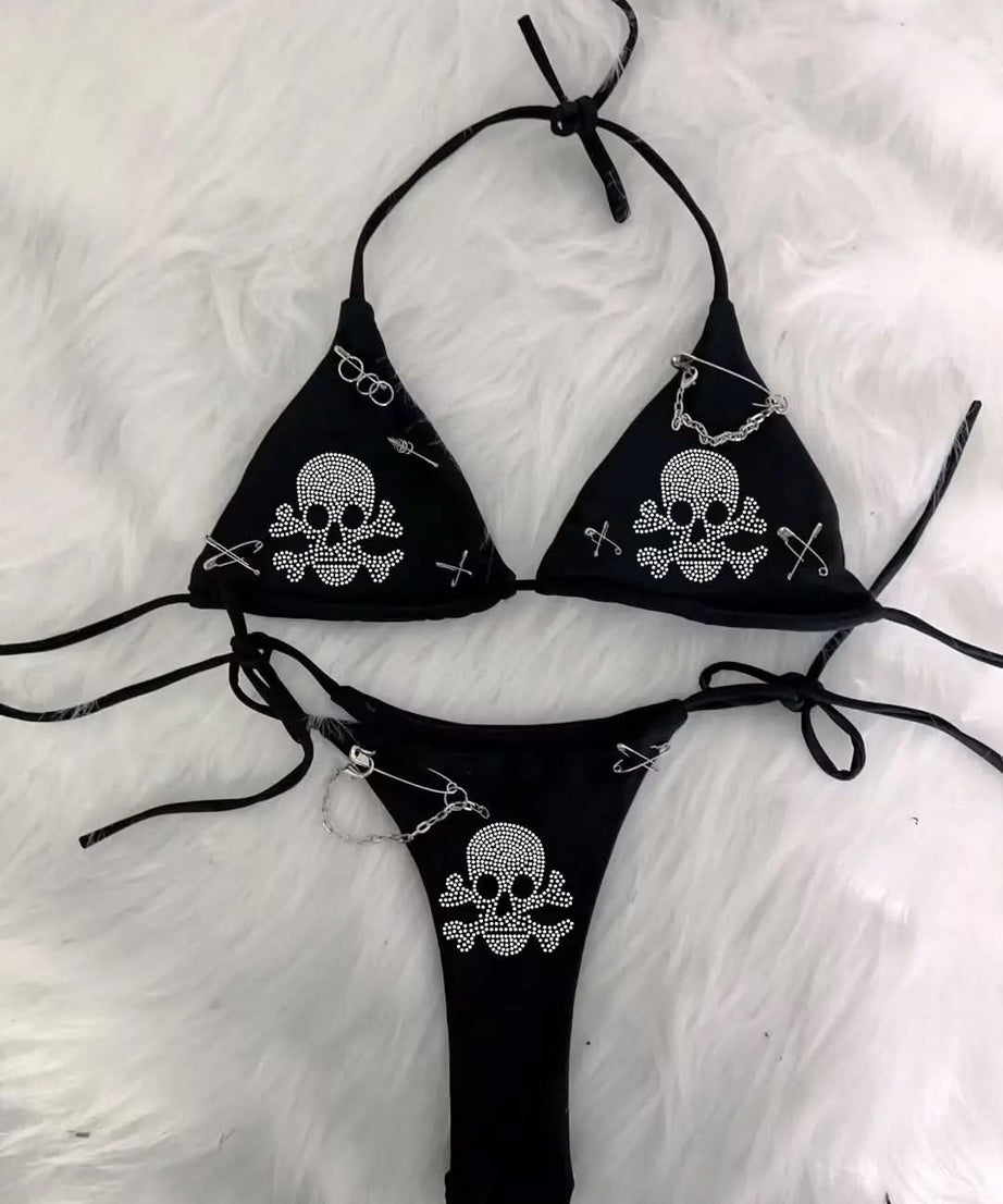 Edgy Y2K Bratz Rhinestone & Cross Charm Halter Bikini Set – Alt Swimwear for Winter Escapes & Festival Vibes