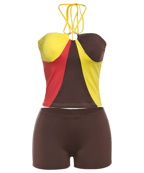 Effortless Autumn Style: Color Block Halter Top & Shorts Set - Cozy Comfort & O-Ring Charm