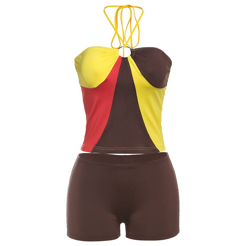 Effortless Autumn Style: Color Block Halter Top & Shorts Set - Cozy Comfort & O-Ring Charm