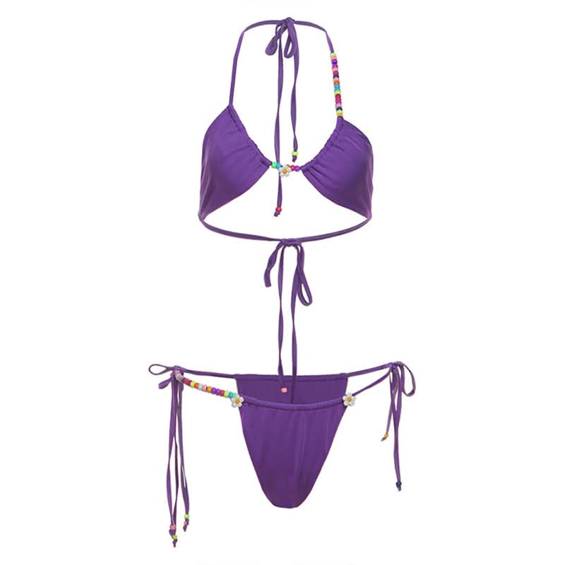 Vibrant Purple Beaded Halter Bikini Set – Your Chic Resort & Vacation Swimsuit