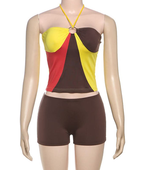 Effortless Autumn Style: Color Block Halter Top & Shorts Set - Cozy Comfort & O-Ring Charm
