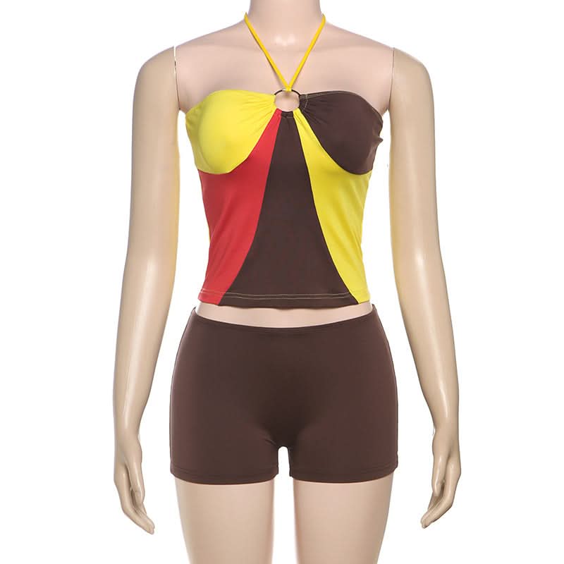 Effortless Autumn Style: Color Block Halter Top & Shorts Set - Cozy Comfort & O-Ring Charm