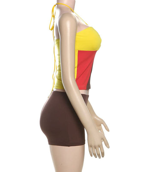 Effortless Autumn Style: Color Block Halter Top & Shorts Set - Cozy Comfort & O-Ring Charm