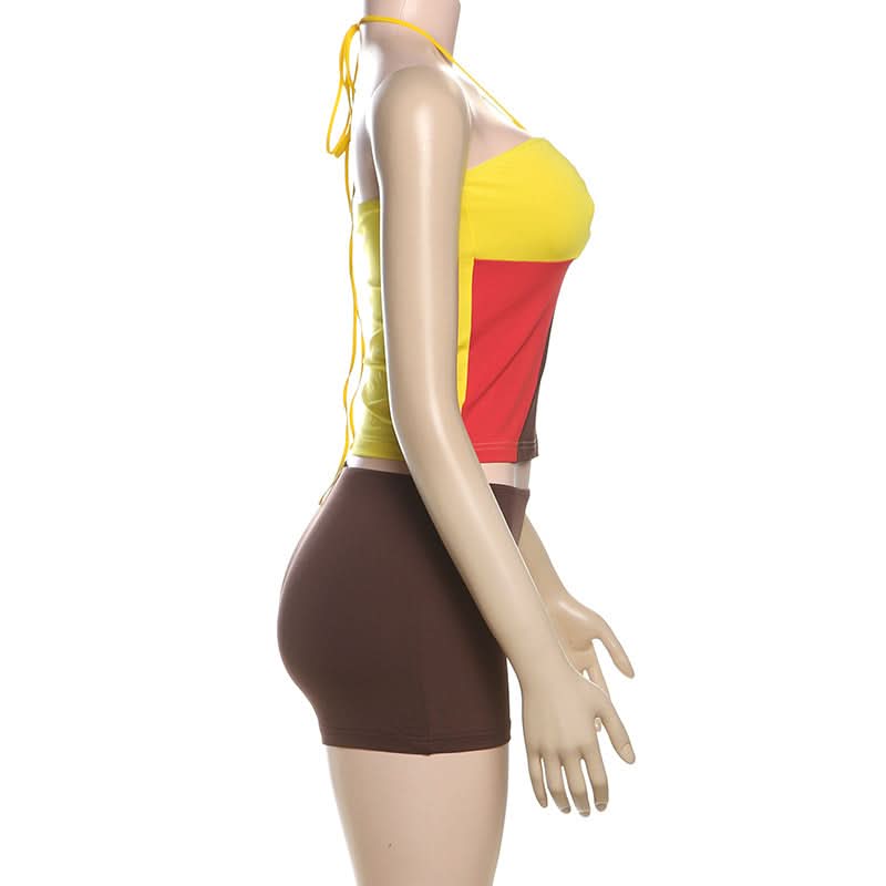Effortless Autumn Style: Color Block Halter Top & Shorts Set - Cozy Comfort & O-Ring Charm