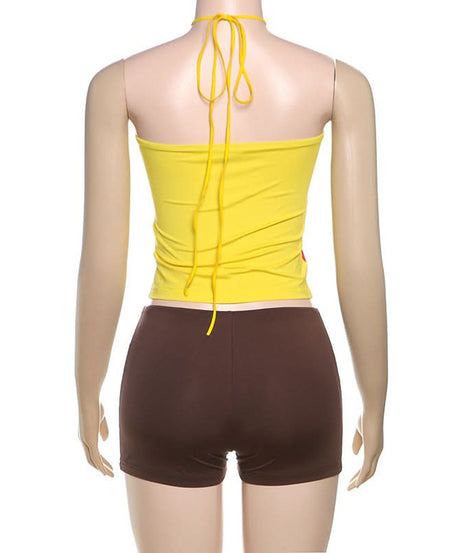 Effortless Autumn Style: Color Block Halter Top & Shorts Set - Cozy Comfort & O-Ring Charm
