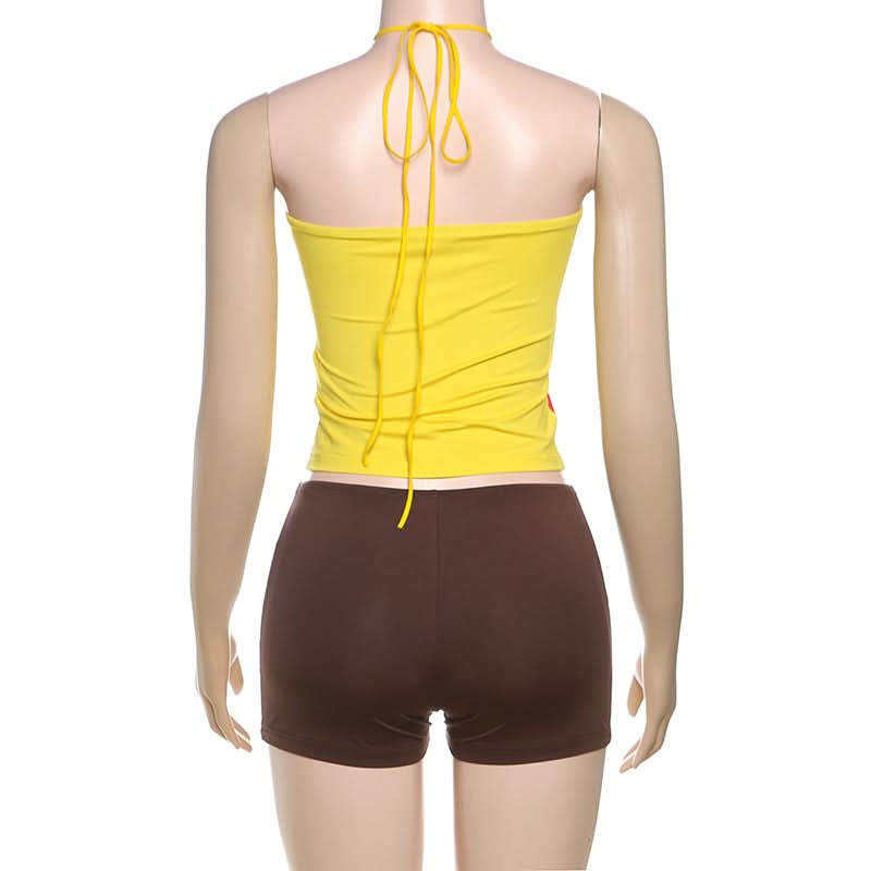 Effortless Autumn Style: Color Block Halter Top & Shorts Set - Cozy Comfort & O-Ring Charm