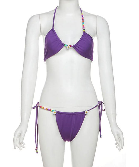 Vibrant Purple Beaded Halter Bikini Set – Your Chic Resort & Vacation Swimsuit