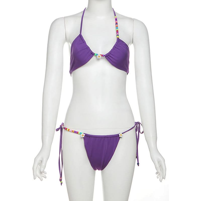 Vibrant Purple Beaded Halter Bikini Set – Your Chic Resort & Vacation Swimsuit