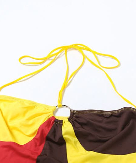 Effortless Autumn Style: Color Block Halter Top & Shorts Set - Cozy Comfort & O-Ring Charm