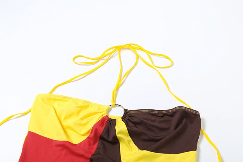 Effortless Autumn Style: Color Block Halter Top & Shorts Set - Cozy Comfort & O-Ring Charm