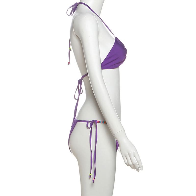 Vibrant Purple Beaded Halter Bikini Set – Your Chic Resort & Vacation Swimsuit