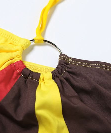 Effortless Autumn Style: Color Block Halter Top & Shorts Set - Cozy Comfort & O-Ring Charm