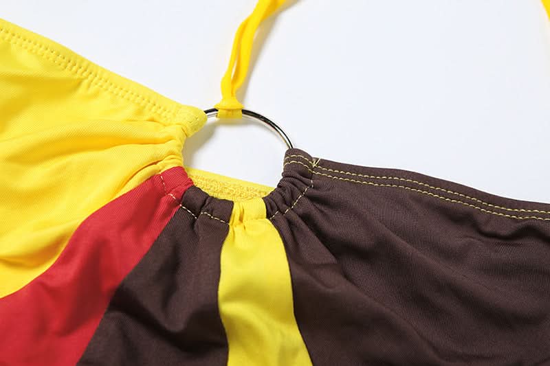 Effortless Autumn Style: Color Block Halter Top & Shorts Set - Cozy Comfort & O-Ring Charm
