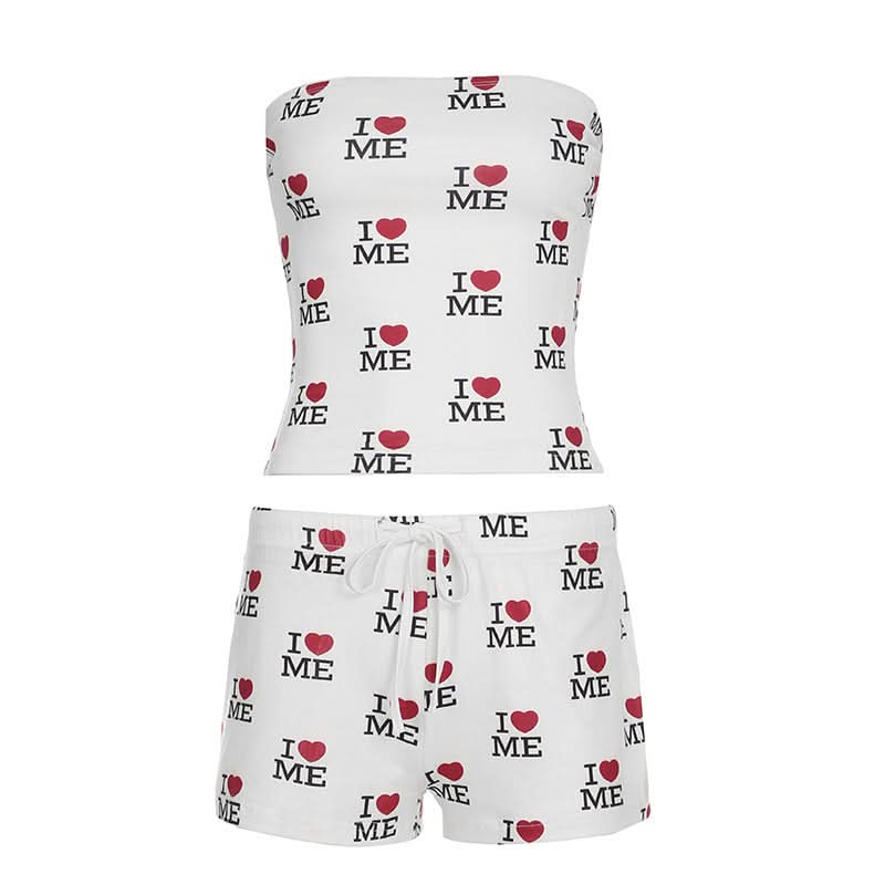 Cozy 'I ❤️ Me' Self-Love Tube Top & Shorts Loungewear Pajama Set for Women