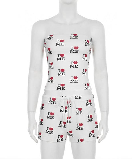 Cozy 'I ❤️ Me' Self-Love Tube Top & Shorts Loungewear Pajama Set for Women