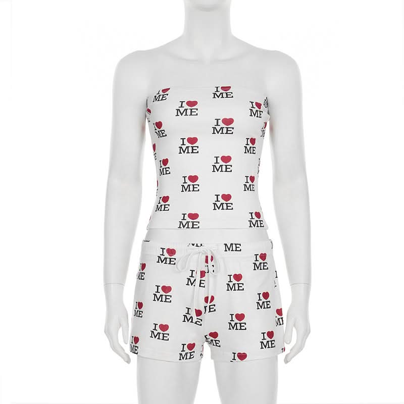 Cozy 'I ❤️ Me' Self-Love Tube Top & Shorts Loungewear Pajama Set for Women